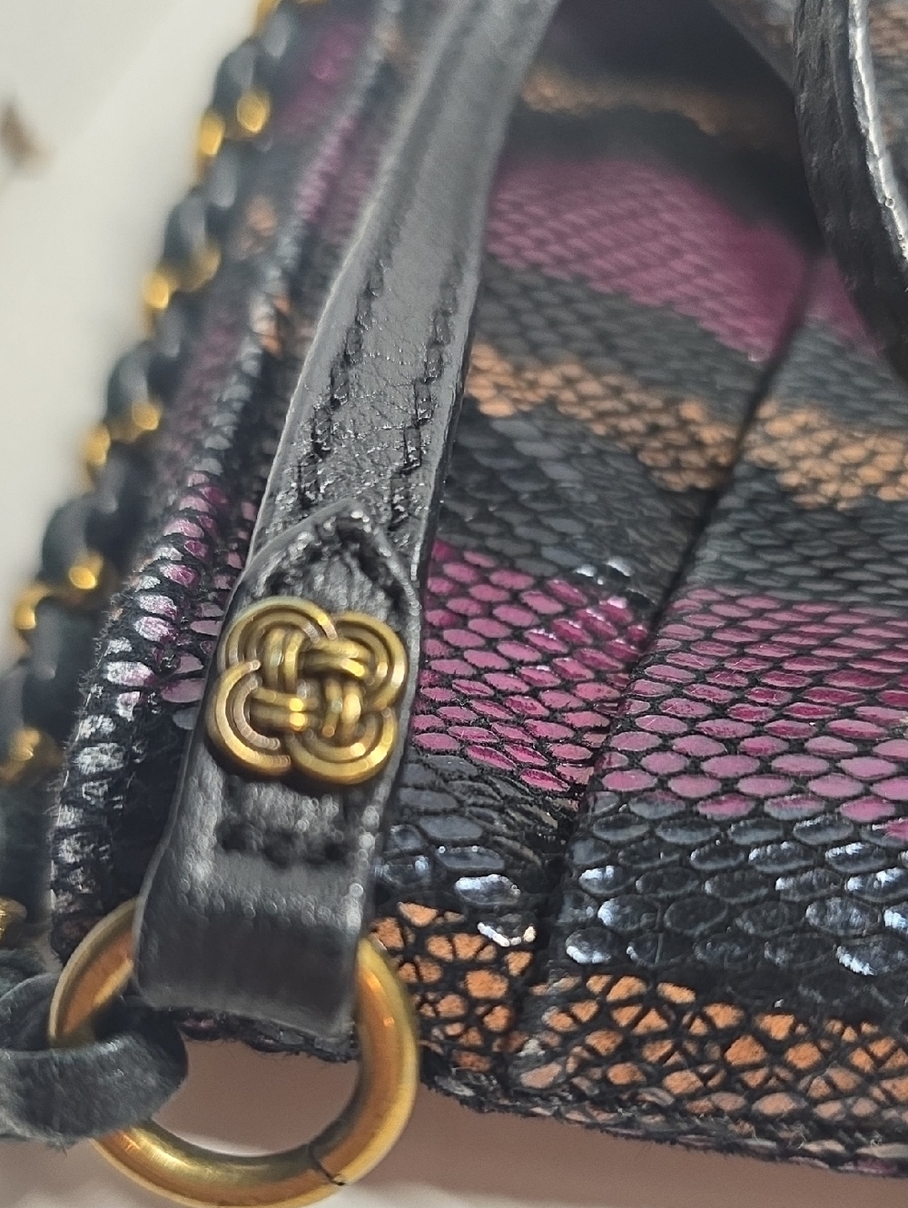 Elliott Lucca Black Wristlet Clutch with Purple and Tan Snakeskin Accents